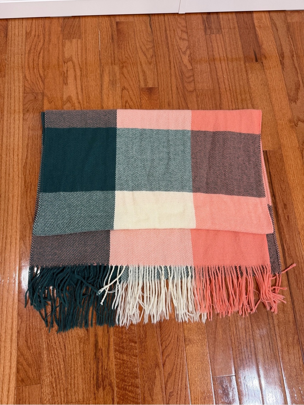 Plush Colorblock Fringe Throw Blanket - Coral, Teal, Cream